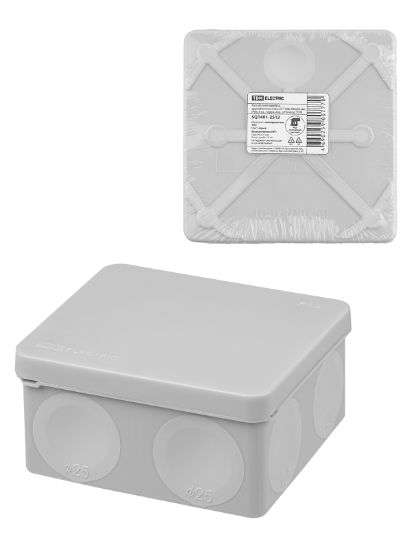 Изображение Распаячная коробка, двухкомпонентная, ОП 100х100х50 мм, IP66, 8 вх., серая, инд. штрихкод TDM