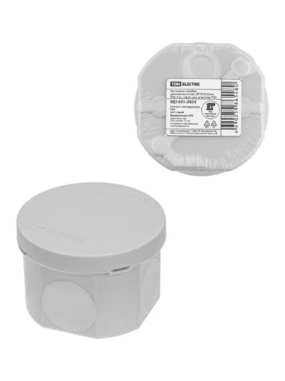 Изображение Распаячная коробка, двухкомпонентная, ОП D70х50 мм, IP66, 4 вх., серая, инд. штрихкод TDM