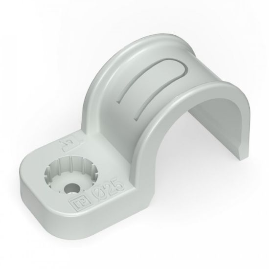 Изображение Крепеж-скоба пластиковая односторонняя для прямого монтажа атмосферостойкая серая в п/э d25 мм (50шт/450шт уп/кор) Промрукав