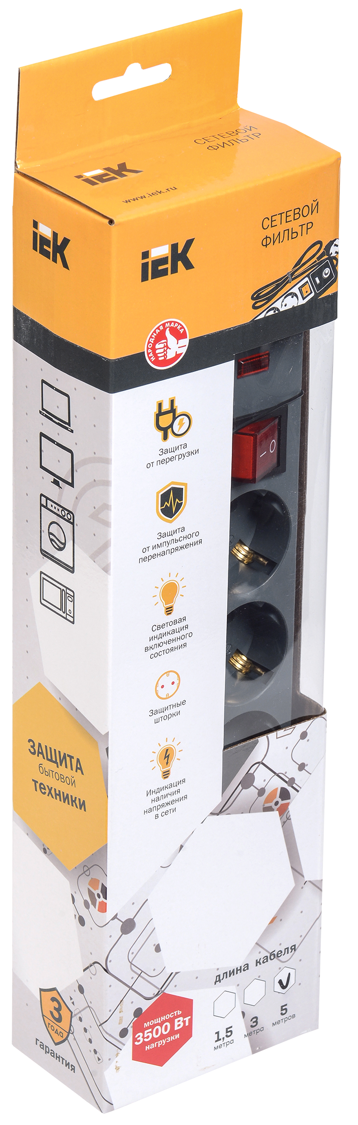 Изображение Сетевой фильтр СФ-05К 5 мест с заземлением 5м 3х1мм2 16А/250В серый IEK