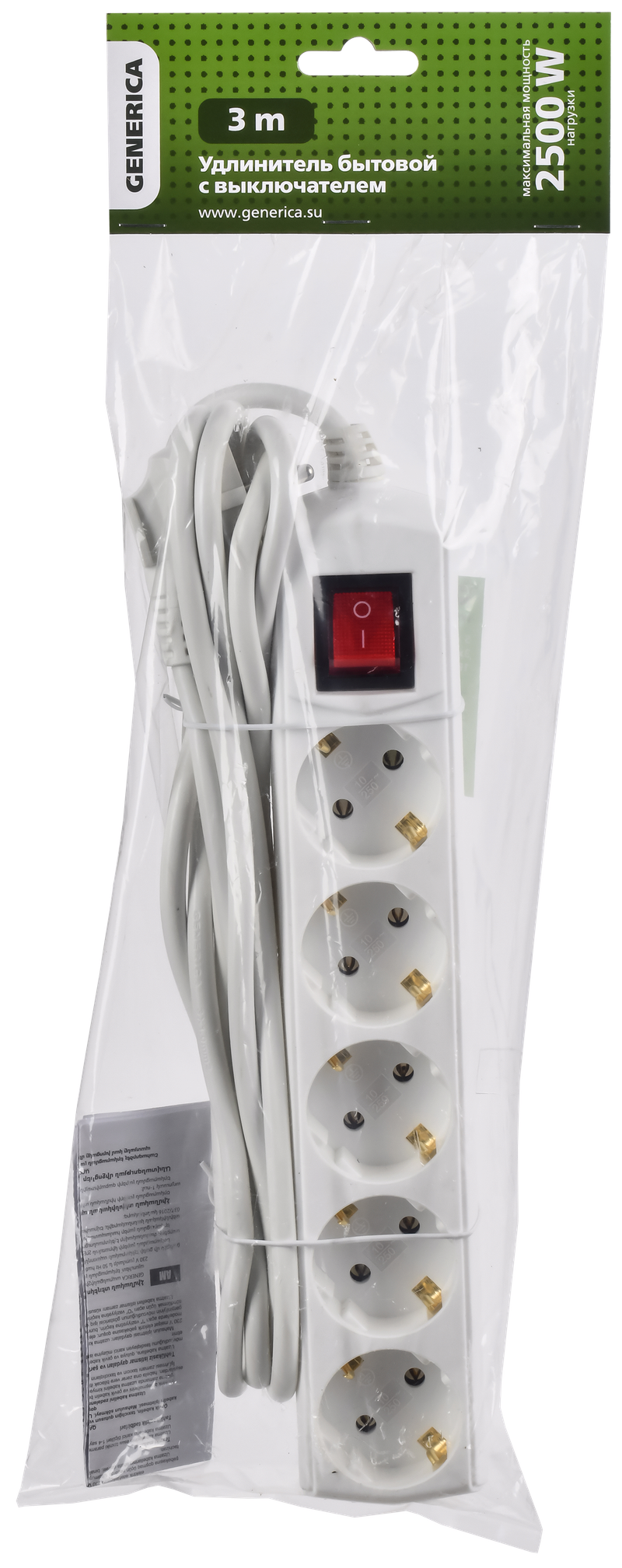 Изображение Удлинитель У05В 5 мест с заземлением 3м 3х1мм2 10А/250В GENERICA