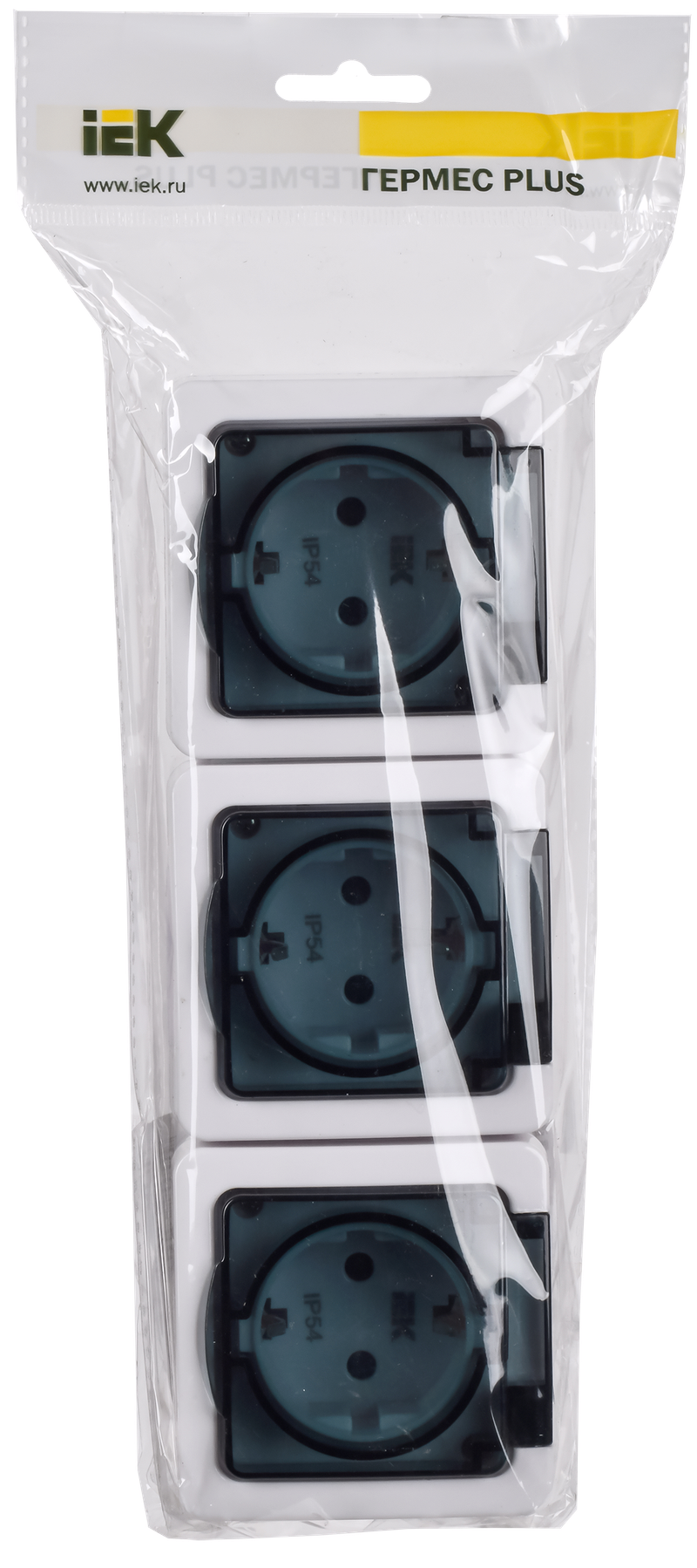 Изображение Розетка 3-местная для открытой установки РСб23-3-ГПБд с заземляющим контактом IP54 ГЕРМЕС PLUS (цвет крышки: дымчатый) IEK