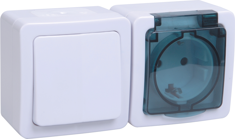 Изображение Блок горизонтальный для открытой установки БГб-22-31-ГПБд (Выключатель 1-клавишный + розетка 1-местная с заземляющим контактом) IP54 ГЕРМЕС PLUS (белый/дымчатый) IEK