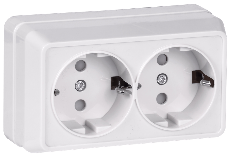 Изображение OKTAVA Розетка 2-местная с заземлением с защитными шторками для открытой установки 16А РСш22-3-ОБ белый GENERICA