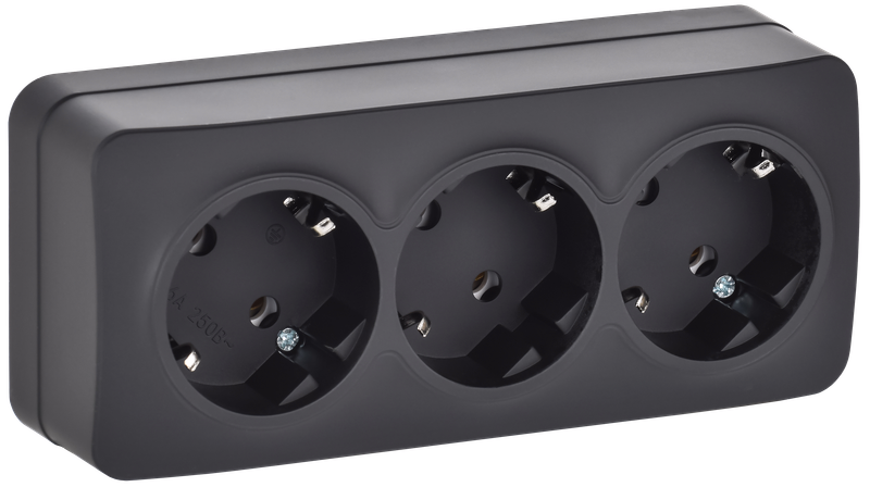 Изображение GLORY Розетка 3-местная для открытой установки с заземлением без защитных шторок 16А РС23-3-ХЧм черный матовый IEK