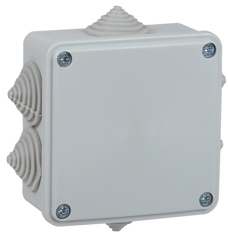 Изображение Коробка распаячная КМ для открытой проводки безгалогенная (HF) 100х100х45мм IP44 6 вводов серая IEK