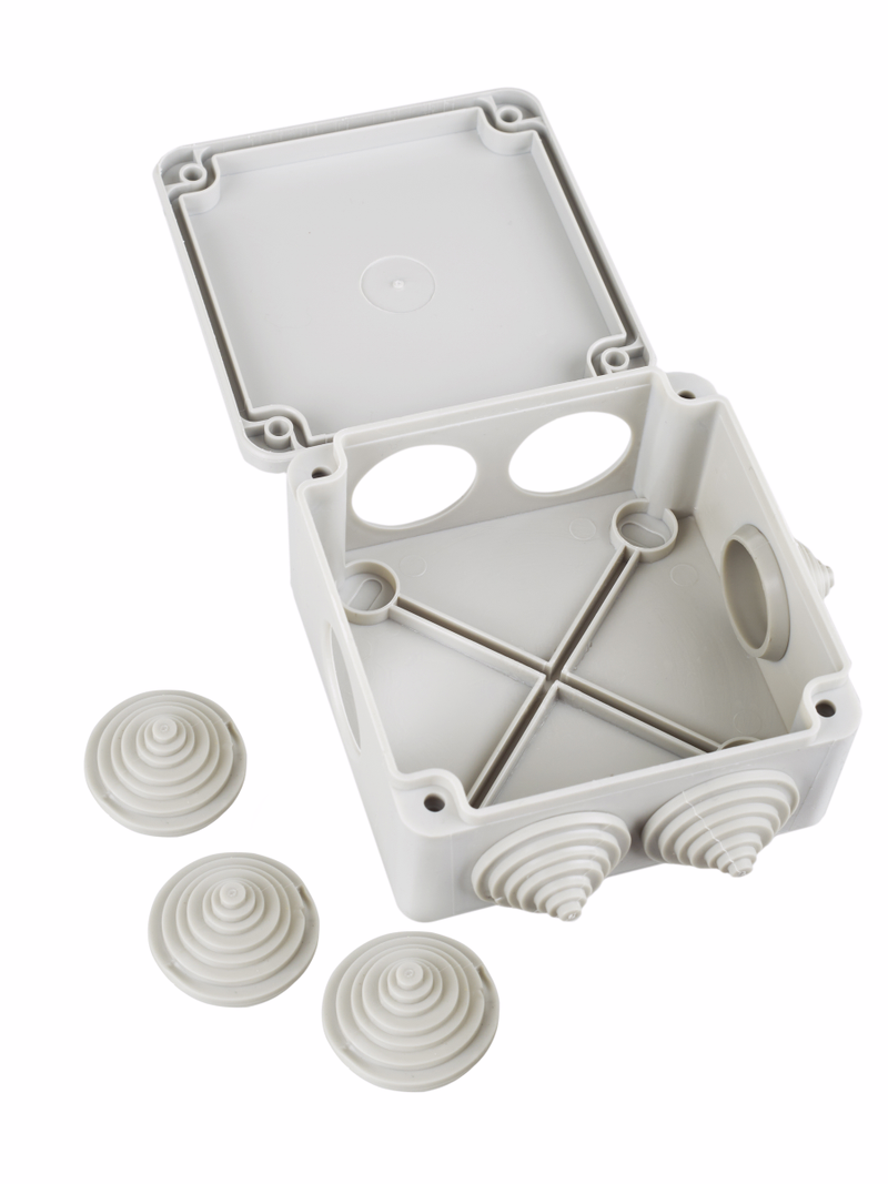 Изображение Коробка распаячная КМ для открытой проводки безгалогенная (HF) 100х100х45мм IP44 6 вводов серая IEK