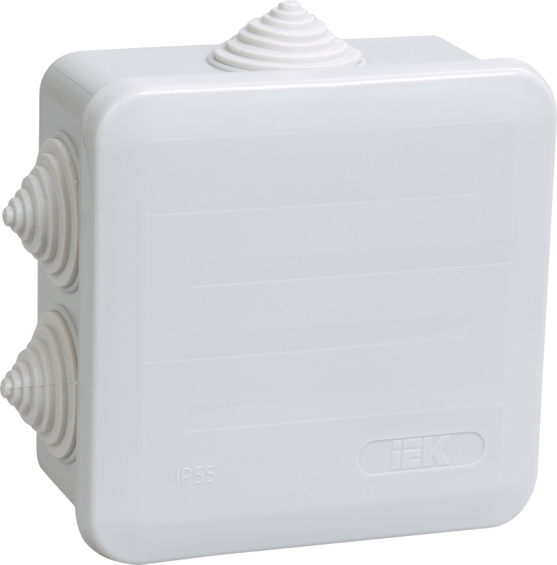 Изображение Коробка распаячная КМ41255 для открытой проводки безгалогенная (HF) 100х100х50мм с защелкивающейся крышкой IP44 6 гермовводов серая IEK