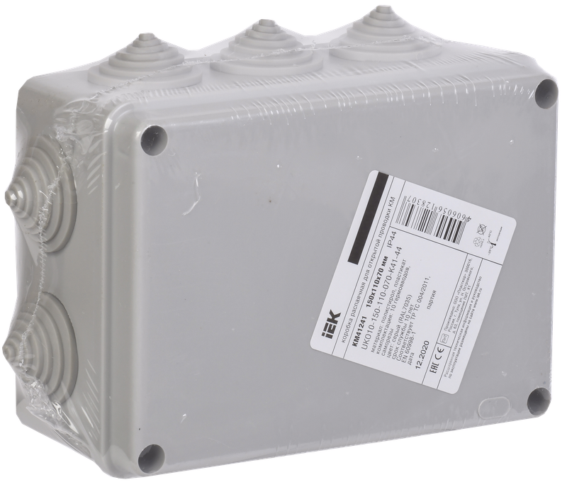Изображение Коробка распаячная КМ41241 для открытой проводки безгалогенная (HF) 150х110х70мм IP44 10 гермовводов серая IEK