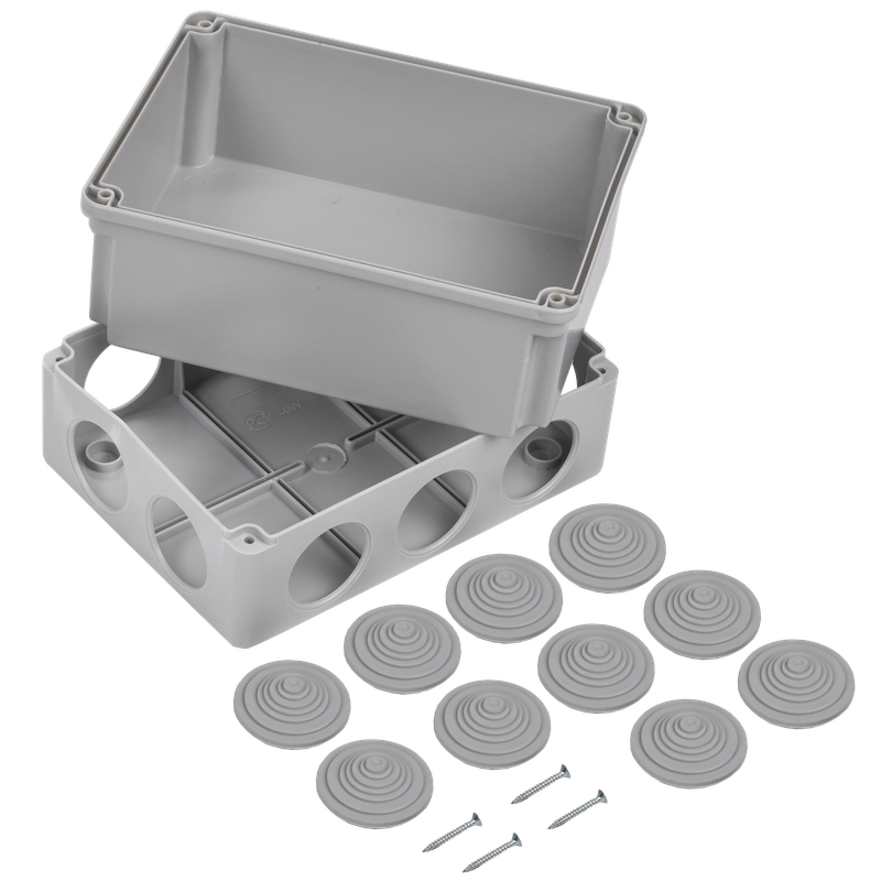 Изображение Коробка распаячная КМ41245 для открытой проводки безгалогенная (HF) 190х140х120мм IP44 10 гермовводов серая IEK