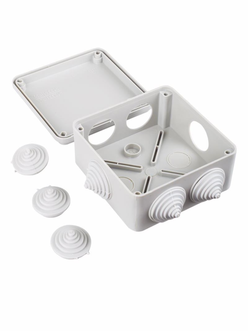 Изображение Коробка распаячная КМ41234 для открытой проводки безгалогенная (HF) 100х100х50мм IP55 6 гермовводов серая IEK