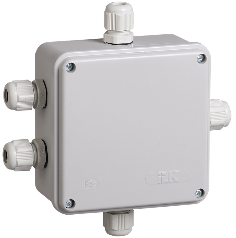 Изображение Коробка распаячная КМ41330 для открытой проводки безгалогенная (HF) 100х100х50мм IP55 5 гермовводов PG9 серая IEK