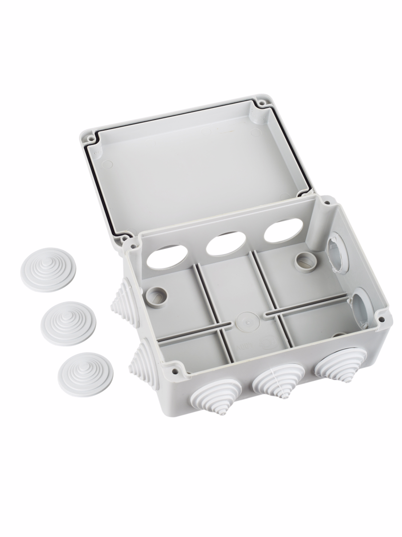 Изображение Коробка распаячная КМ41242 для открытой проводки безгалогенная (HF) 150х110х70мм IP55 10 гермовводов серая IEK