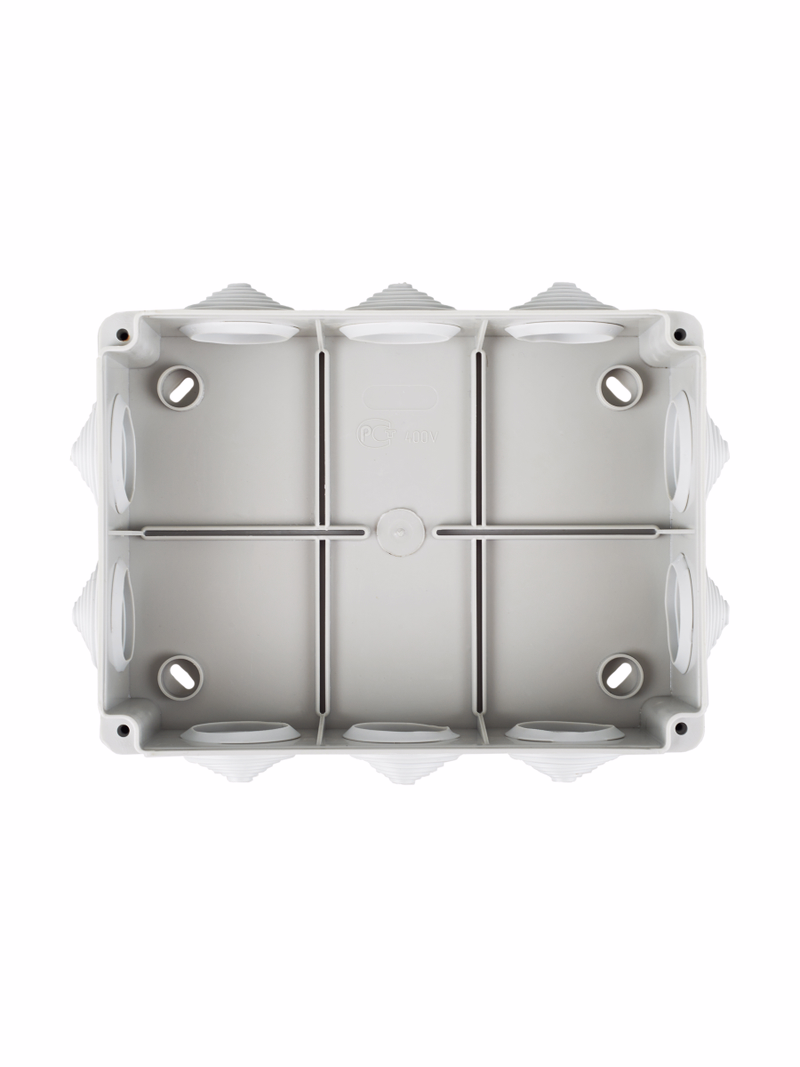 Изображение Коробка распаячная КМ41242 для открытой проводки безгалогенная (HF) 150х110х70мм IP55 10 гермовводов серая IEK