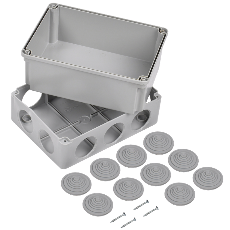 Изображение Коробка распаячная КМ41246 для открытой проводки безгалогенная (HF) 190х140х120мм IP55 10 гермовводов серая IEK