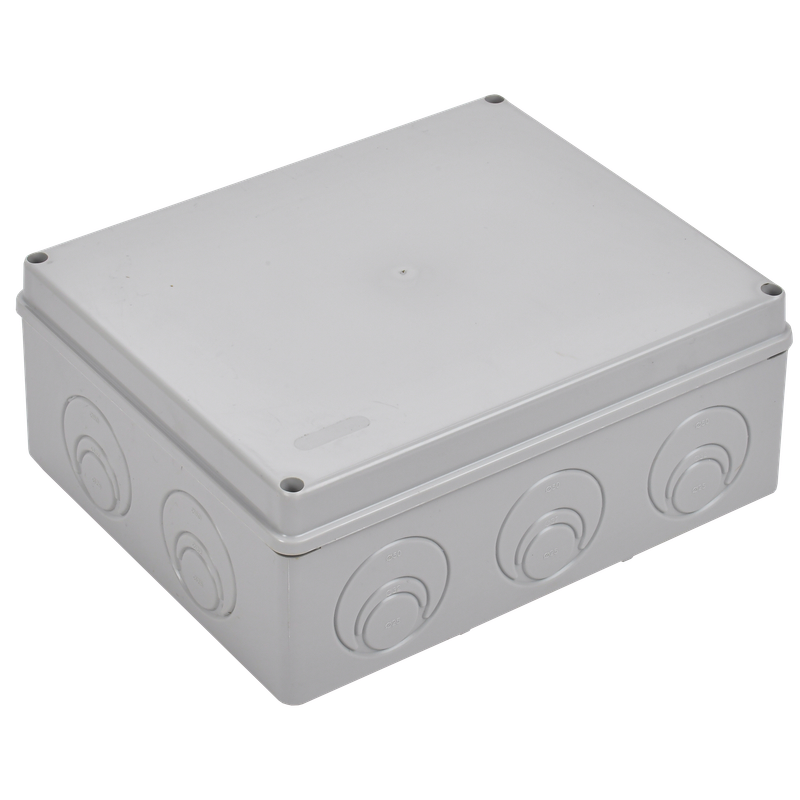 Изображение Коробка распаячная КМ41342 для открытой проводки безгалогенная (HF) 240х195х90мм с монтажной платой IP55 5 вводов серая IEK