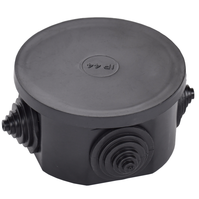 Изображение Коробка распаячная КМ41237 для открытой проводки с защелкивающейся крышкой безгалогенная (HF) D=75х40мм IP44 4 гермовводов черная (RAL 9005) IEK