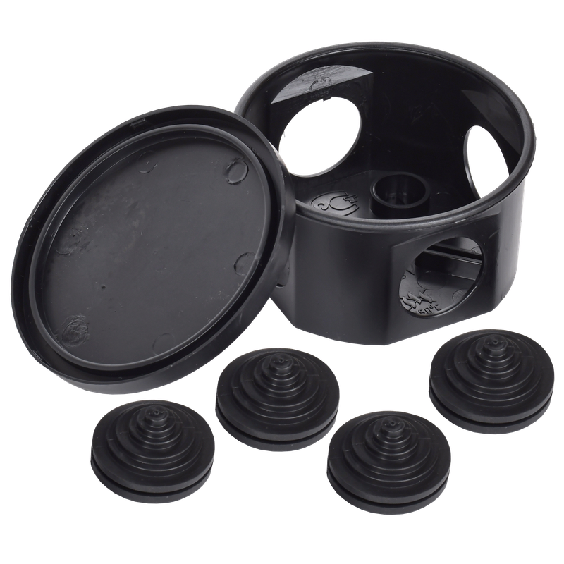 Изображение Коробка распаячная КМ41237 для открытой проводки с защелкивающейся крышкой безгалогенная (HF) D=75х40мм IP44 4 гермовводов черная (RAL 9005) IEK