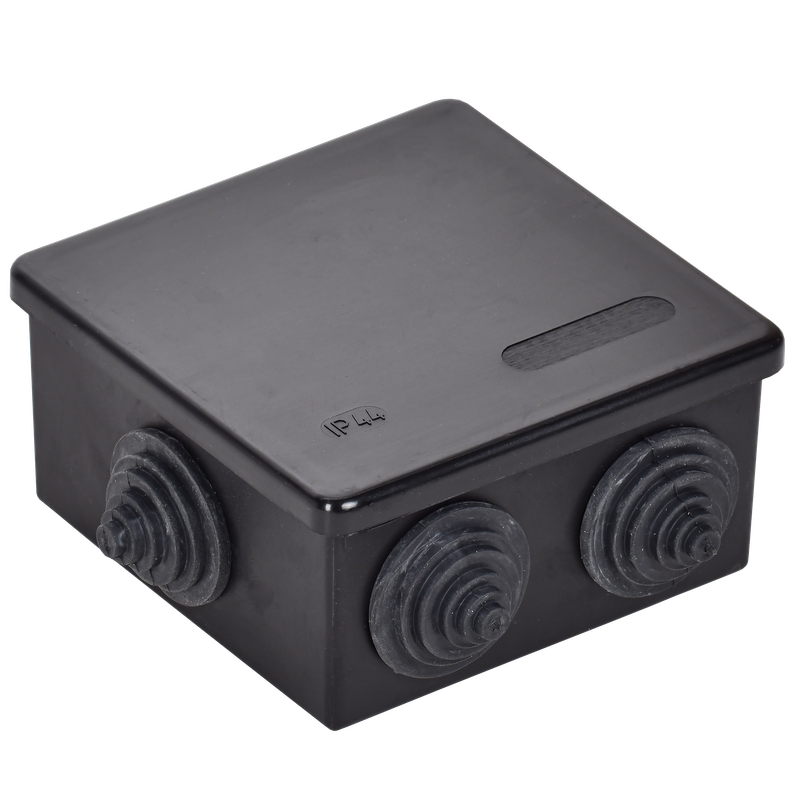 Изображение Коробка распаячная КМ41235 для открытой проводки с защелкивающейся крышкой безгалогенная (HF) 85х85х40мм IP44 6 гермовводов черная (RAL 9005) IEK