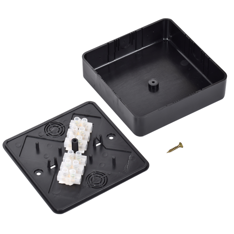 Изображение Коробка распаячная КМ для открытой проводки безгалогенная (HF) 100х100х29мм (6 клемм 6мм2) черная (RAL 9005) IEK