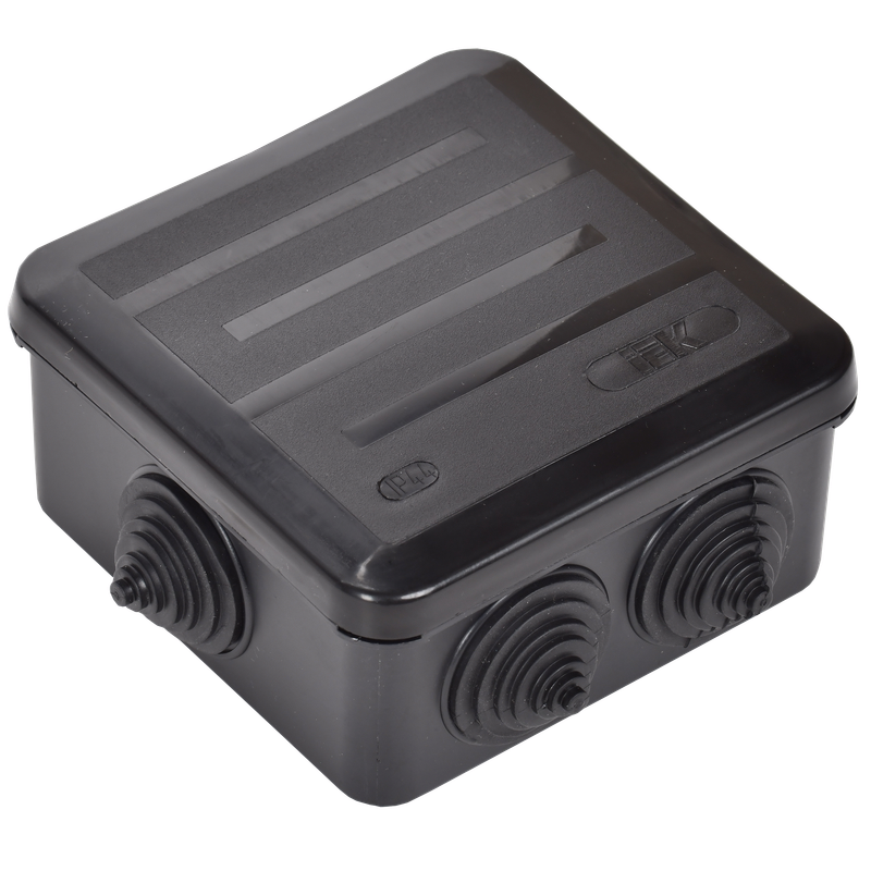 Изображение Коробка распаячная КМ41255 для открытой проводки с защелкивающейся крышкой безгалогенная (HF) 100х100х50мм IP44 6 гермовводов черная (RAL 9005) IEK