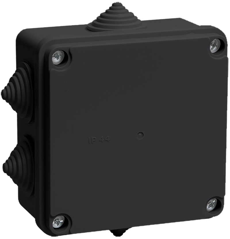 Изображение Коробка распаячная КМ41234 для открытой проводки безгалогенная (HF) 100х100х50мм IP55 6 гермовводов черная (RAL 9005) IEK