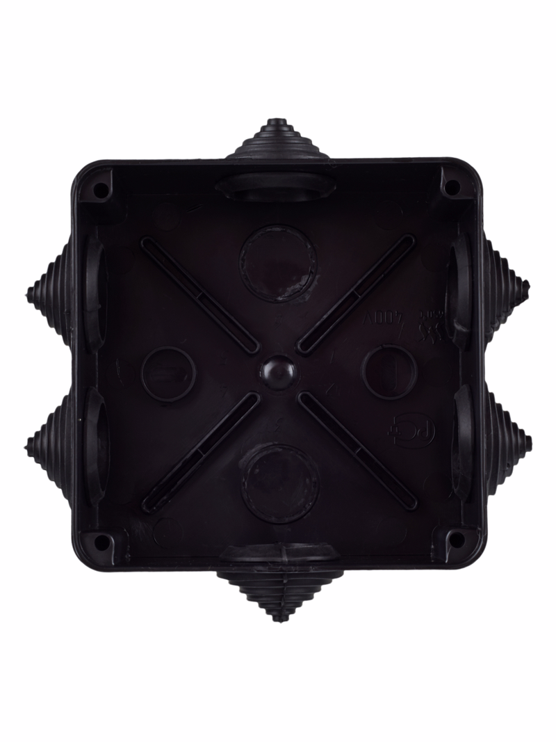 Изображение Коробка распаячная КМ41234 для открытой проводки безгалогенная (HF) 100х100х50мм IP55 6 гермовводов черная (RAL 9005) IEK