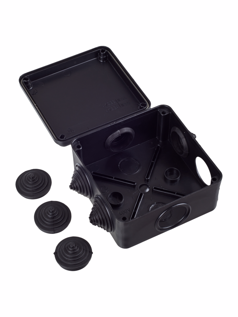 Изображение Коробка распаячная КМ41234 для открытой проводки безгалогенная (HF) 100х100х50мм IP55 6 гермовводов черная (RAL 9005) IEK