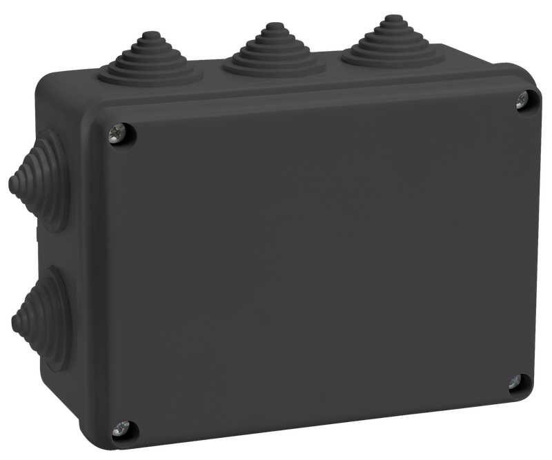 Изображение Коробка распаячная КМ41242 для открытой проводки безгалогенная (HF) 150х110х70мм IP55 10 гермовводов черная (RAL 9005) IEK