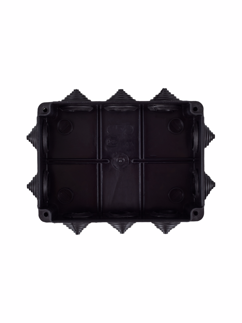 Изображение Коробка распаячная КМ41242 для открытой проводки безгалогенная (HF) 150х110х70мм IP55 10 гермовводов черная (RAL 9005) IEK