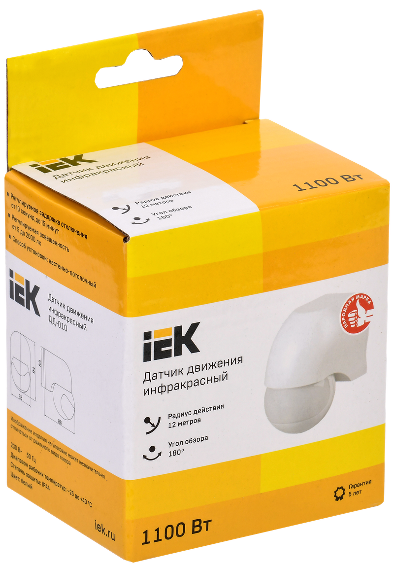 Изображение Датчик движения ДД-010 1100Вт 180град 10м IP44 белый IEK