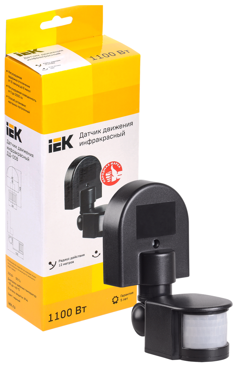 Изображение Датчик движения ДД-008 1100Вт 180град 12м IP44 черный IEK