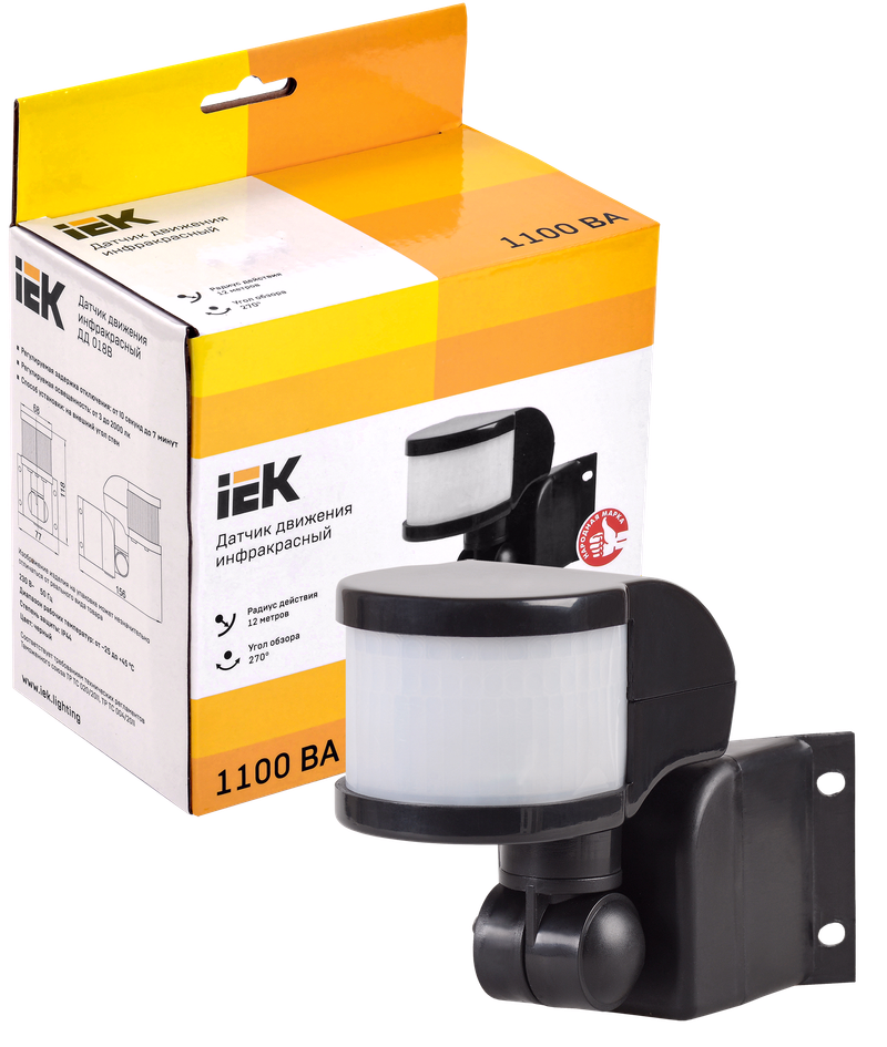 Изображение Датчик движения ДД-018В 1100Вт 270град 12м IP44 черный IEK