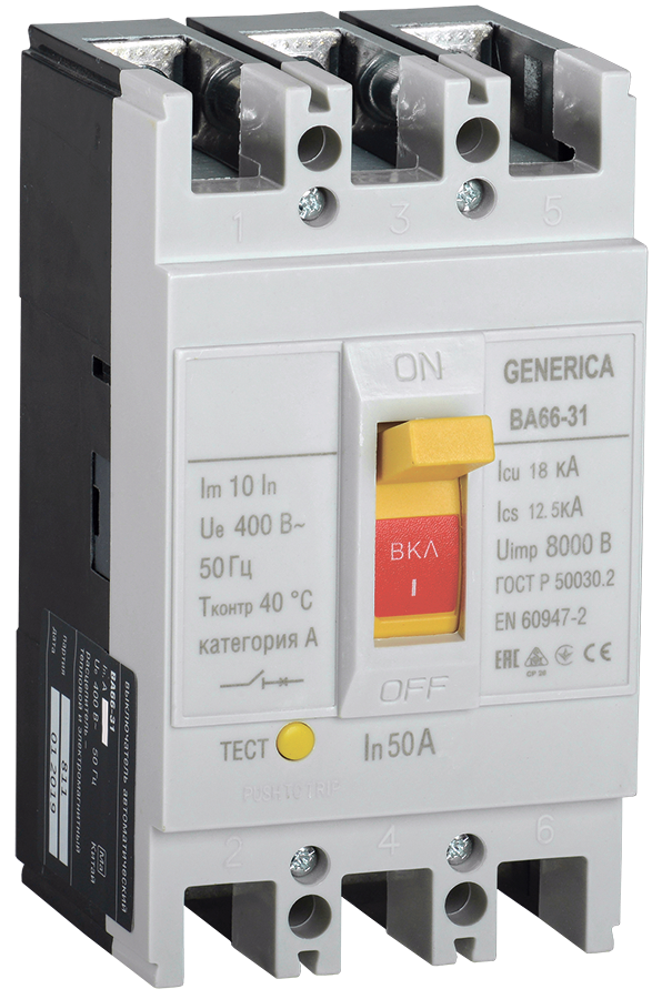 Изображение Выключатель автоматический ВА66-31 3Р 50А 18кА GENERICA