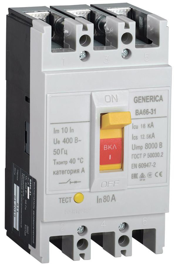 Изображение Выключатель автоматический ВА66-31 3Р 80А 18кА GENERICA