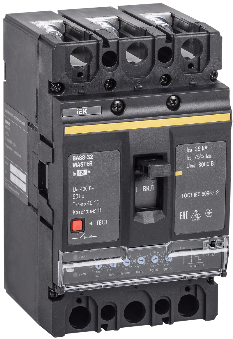Изображение Выключатель автоматический ВА88-32 3Р 125А 35кА MASTER с электронным расцепителем IEK